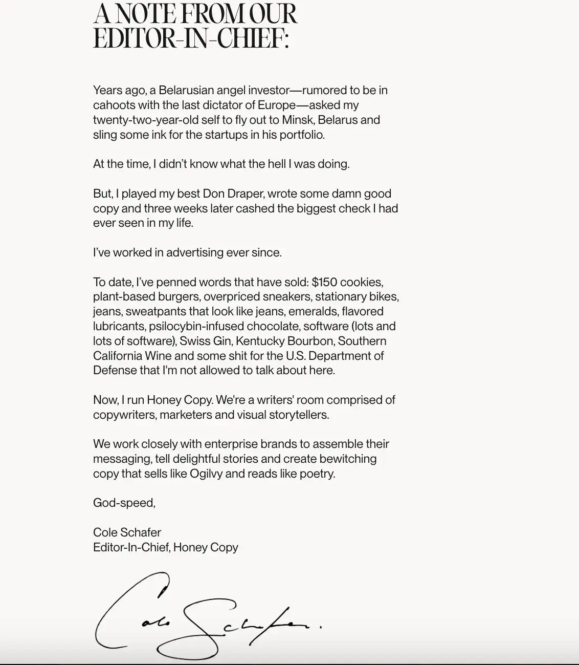 honey copy copywriting examples  about me