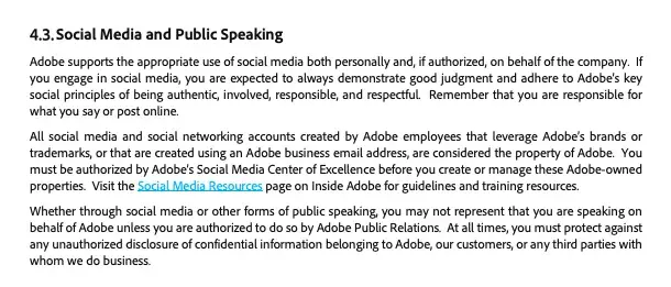 Screenshot of Adobes social media policy