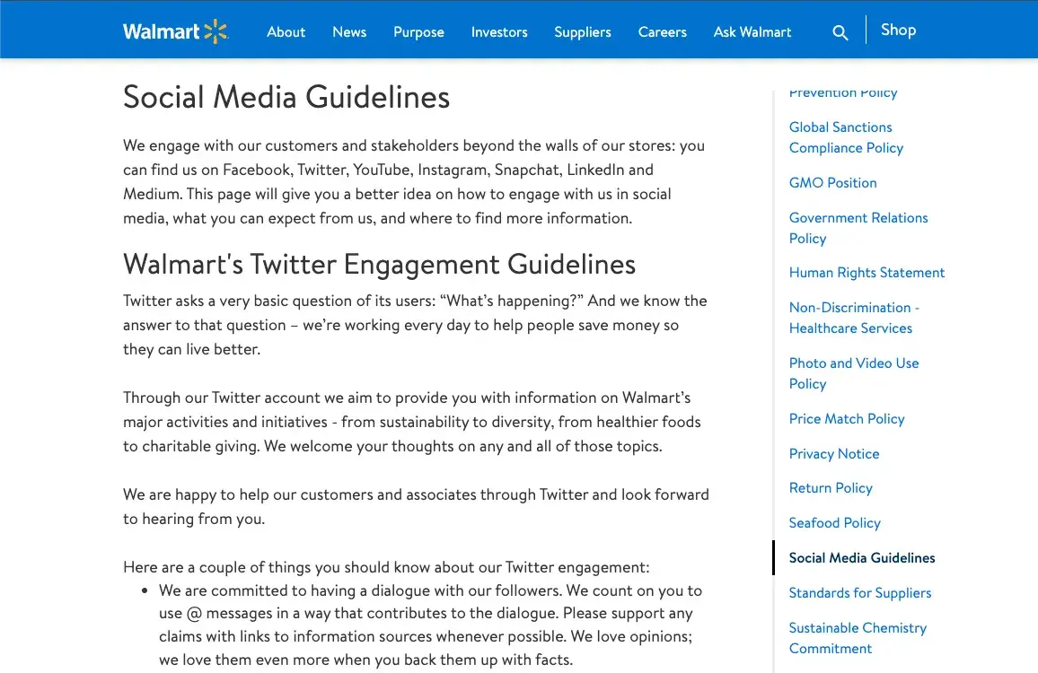 Screenshot of Walmarts social media policy