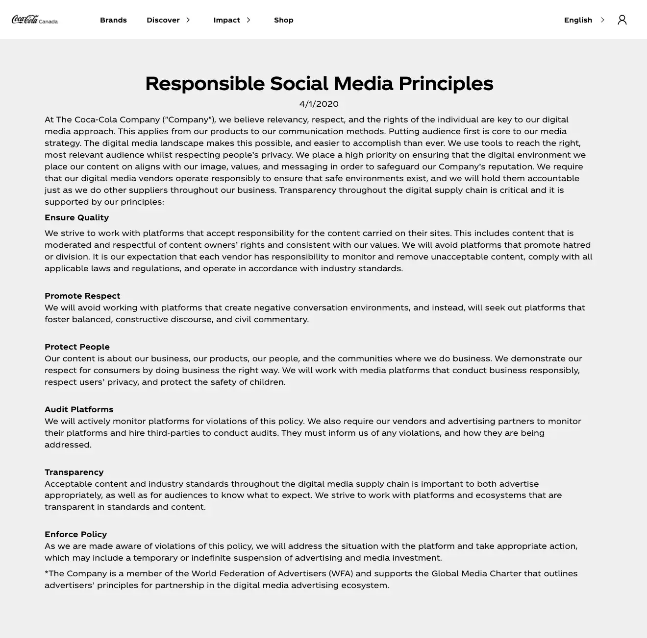 Screenshot of Coca-Colas social media policy
