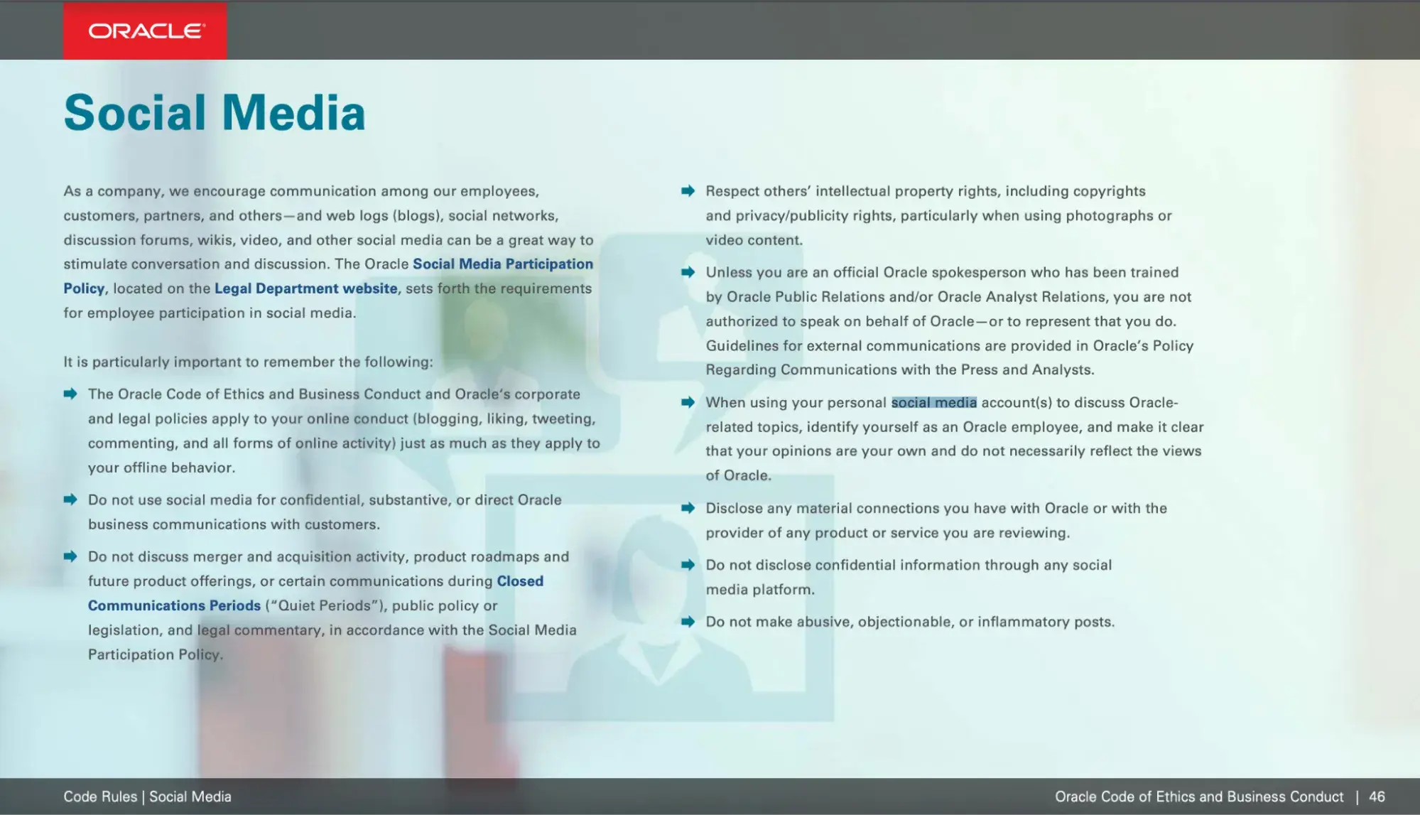 Screenshot of Oracles social media policy
