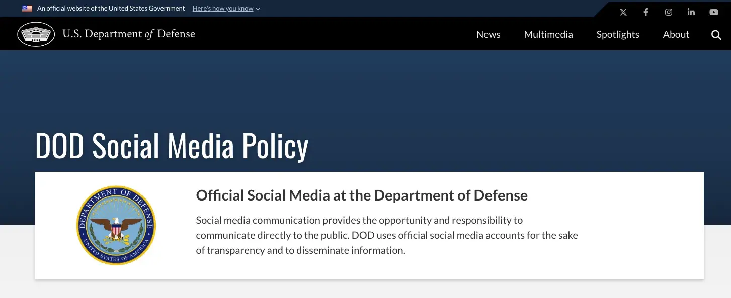 Screenshot of Department of Defenses social media policy
