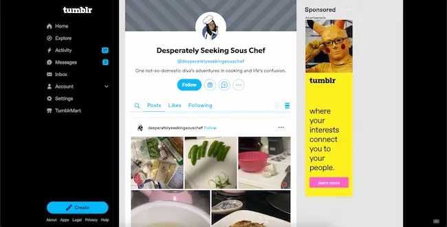 Screenshot showing the cooking blog, Desperately Seeking Sous Chef hosted on Tumblr.