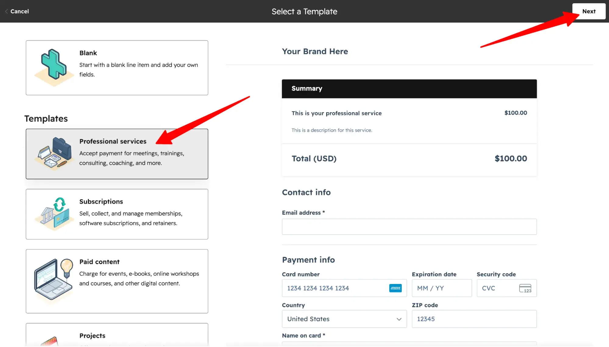 ���ϳԹ��� payment link template selection screen showing Professional services template with payment summary and contact info form