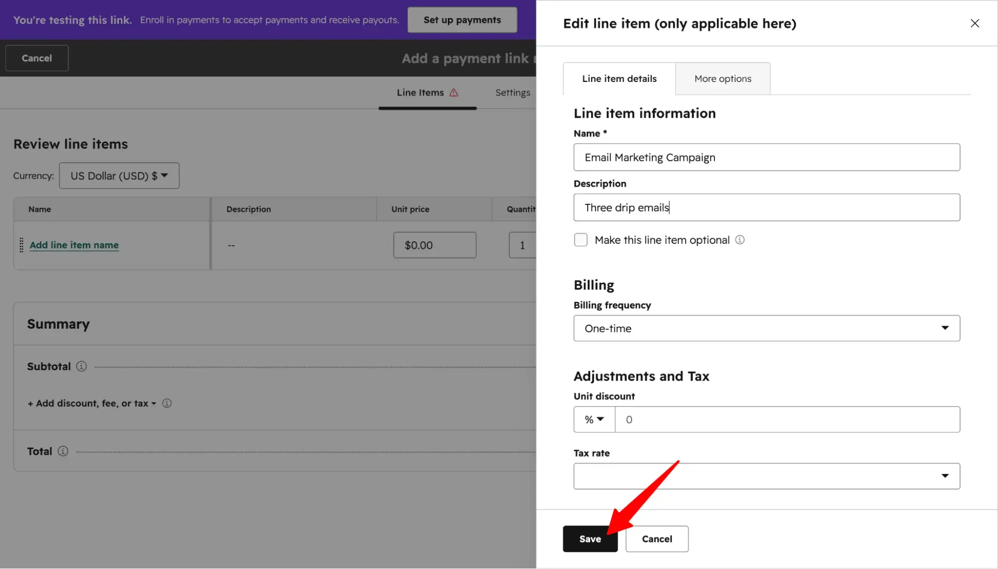���ϳԹ��� payment link editor showing line item details for Email Marketing Campaign service with billing and tax options