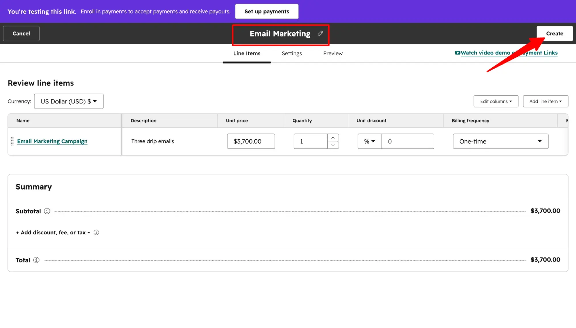 ���ϳԹ��� payment link review screen showing Email Marketing Campaign line item with price $3,700.00 and summary details