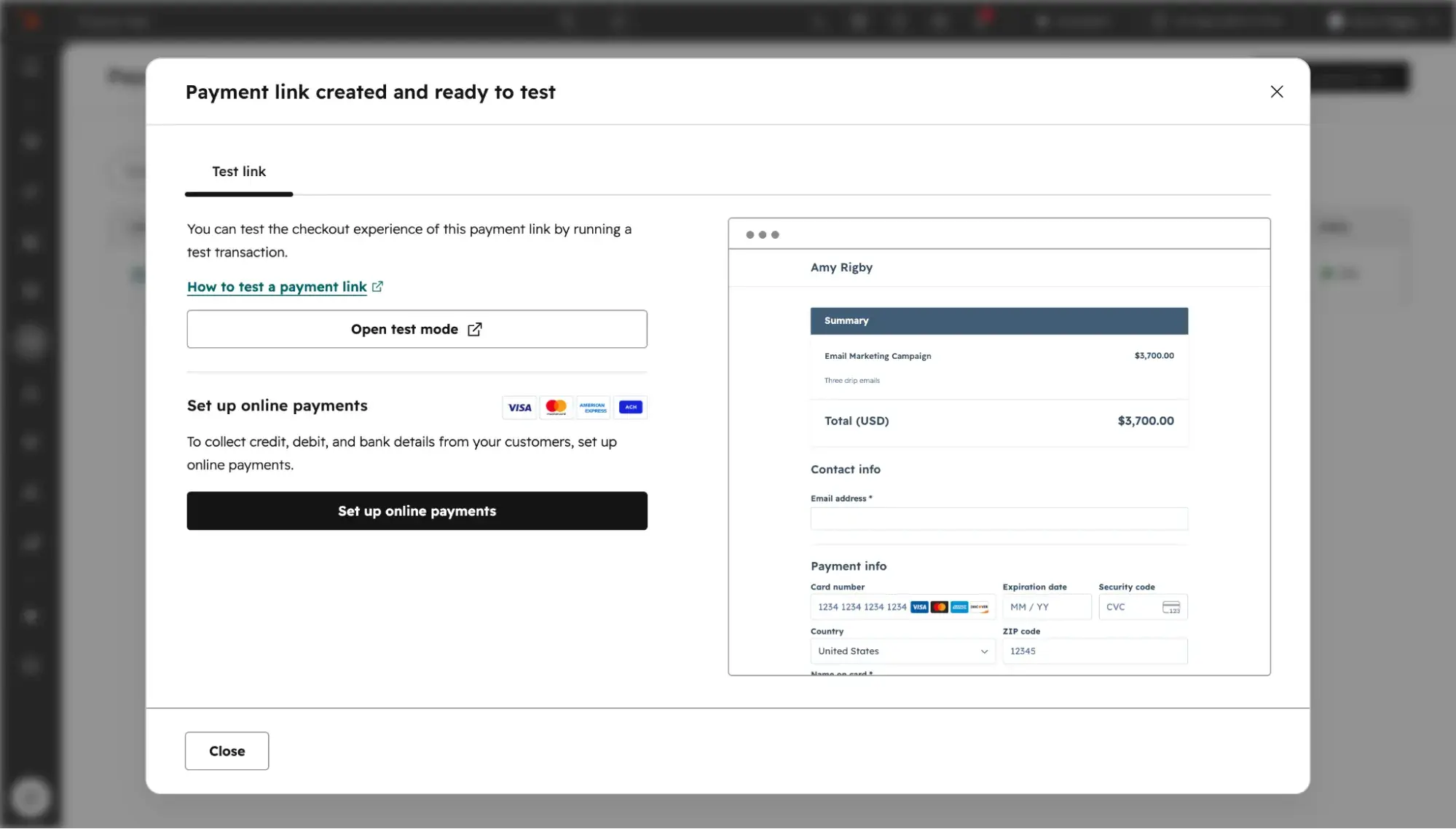 ���ϳԹ��� popup with the words ��Payment link created and ready to test�� at the top