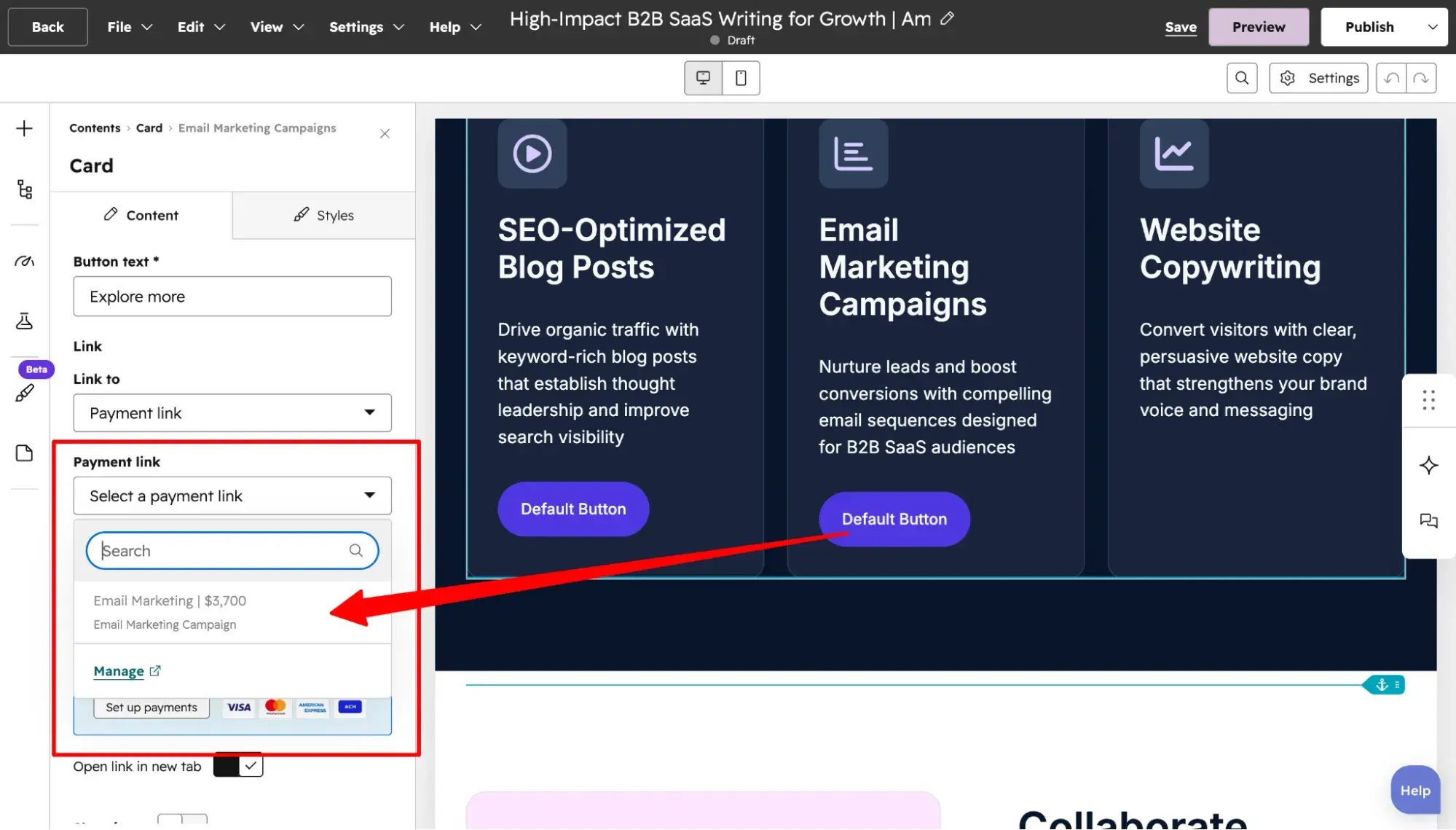 ���ϳԹ��� editor Payment link dropdown showing Email Marketing at $3,700
