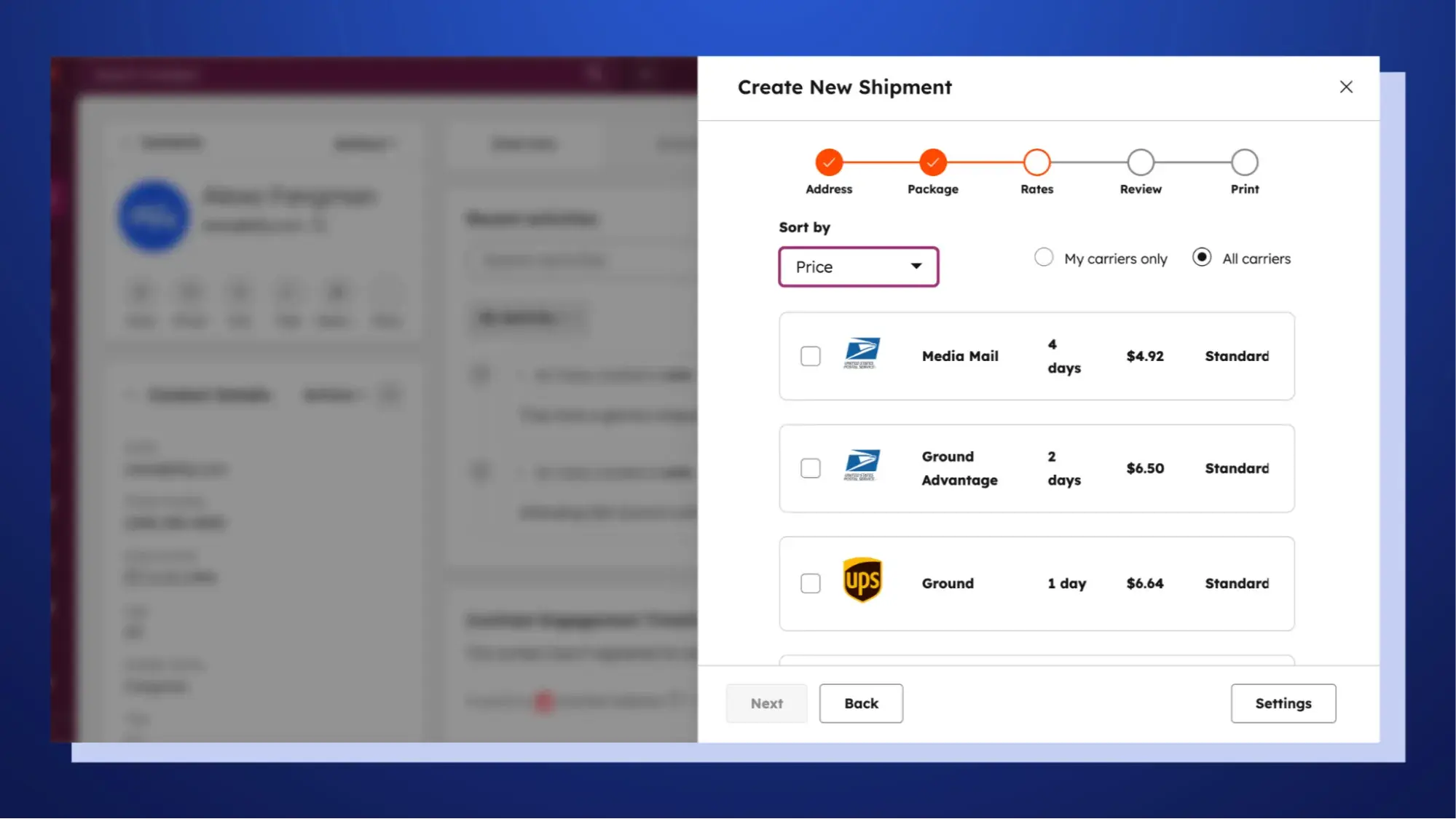 Shippy Create New Shipment dialog with USPS and UPS rate comparisons