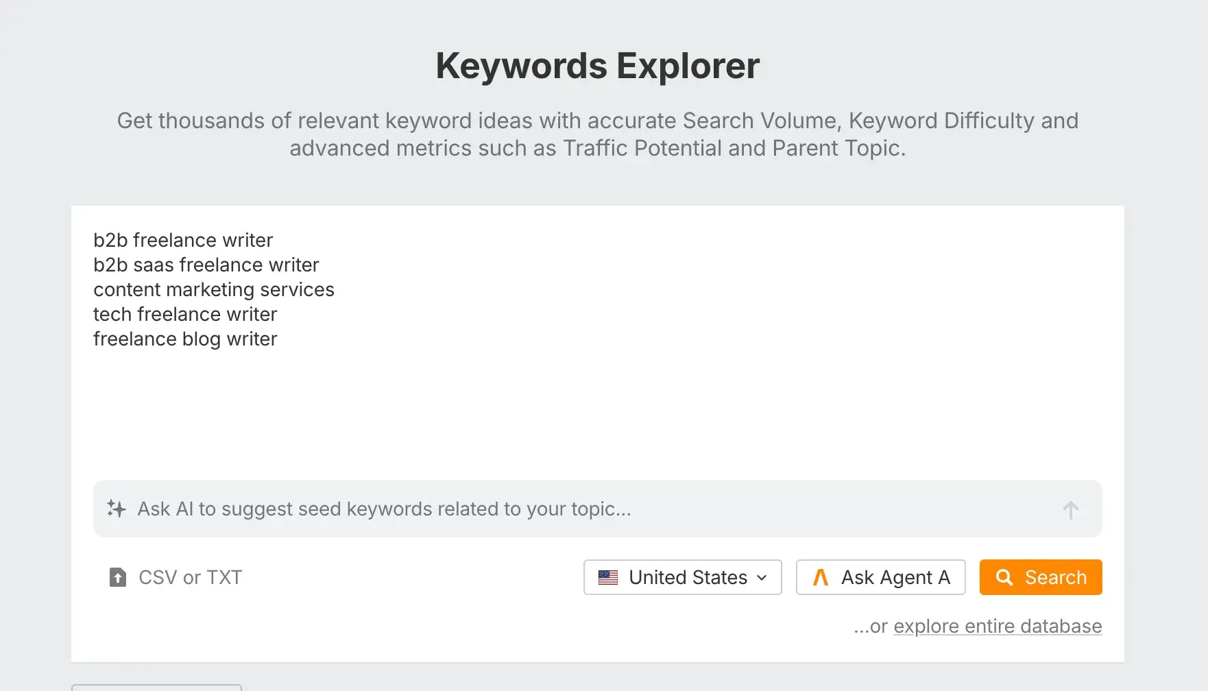 Keywords Explorer with seed keywords entered for SEO research