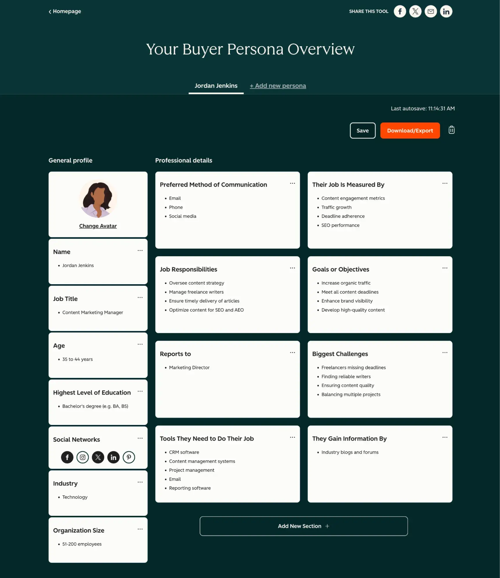 ���ϳԹ��� Make My Persona tool showing buyer persona profile for Jordan Jenkins with job title, responsibilities, and goals