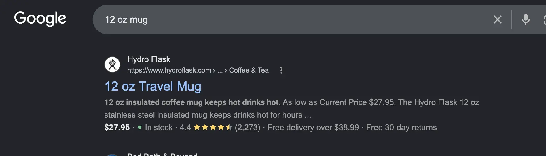 Google search result with Product schema rich snippet for Hydro Flask