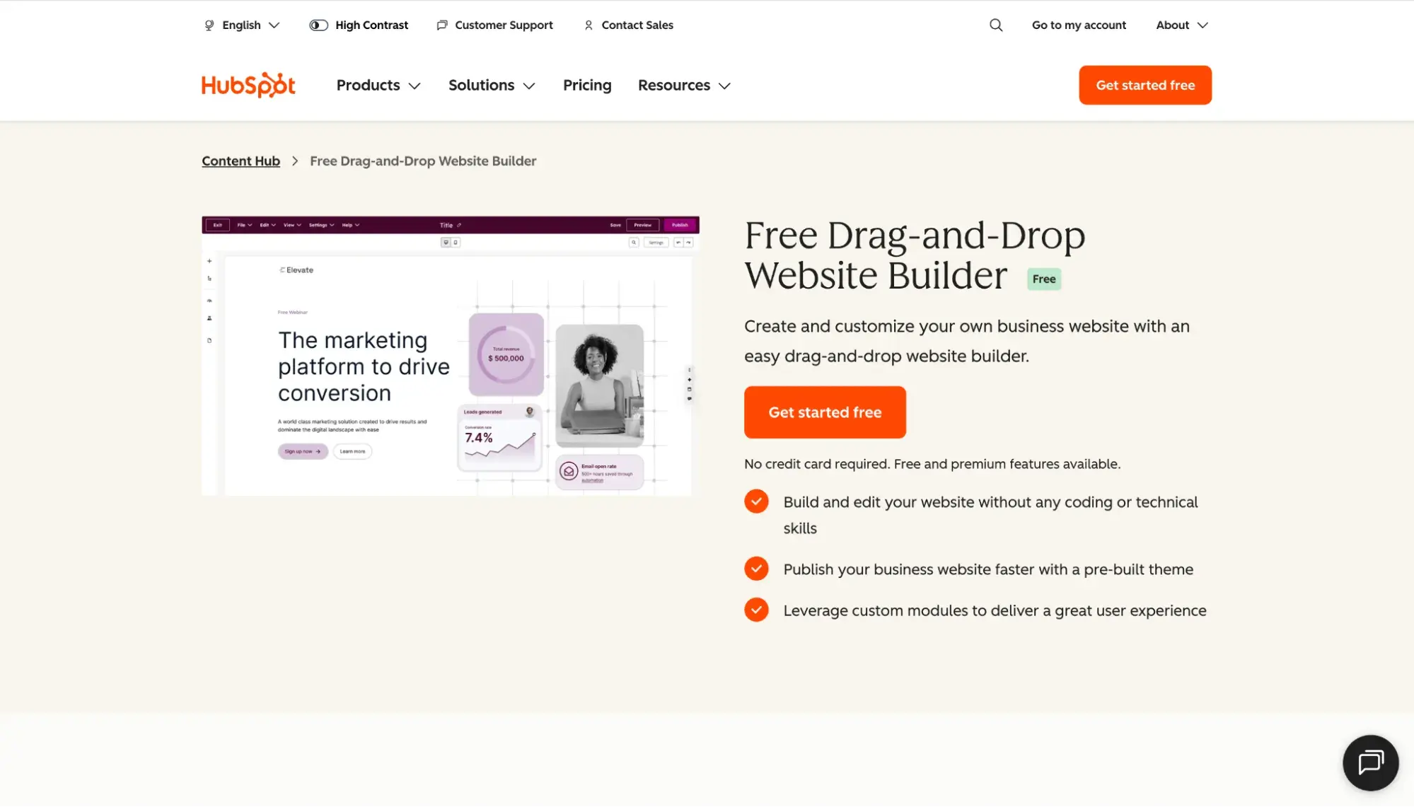 ���ϳԹ��� Free Drag-and-Drop Website Builder product page showing website editor interface