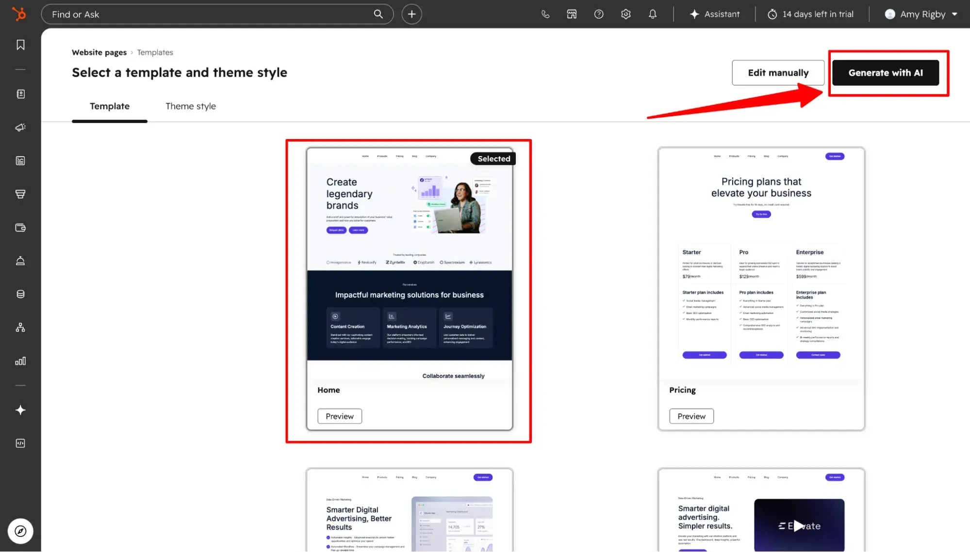 ���ϳԹ��� website template selection interface with Generate with AI button highlighted and multiple website templates