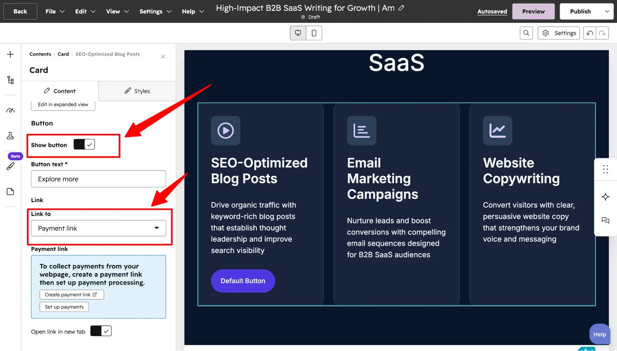 ���ϳԹ��� website editor showing card module with Show button toggle and Payment link dropdown options