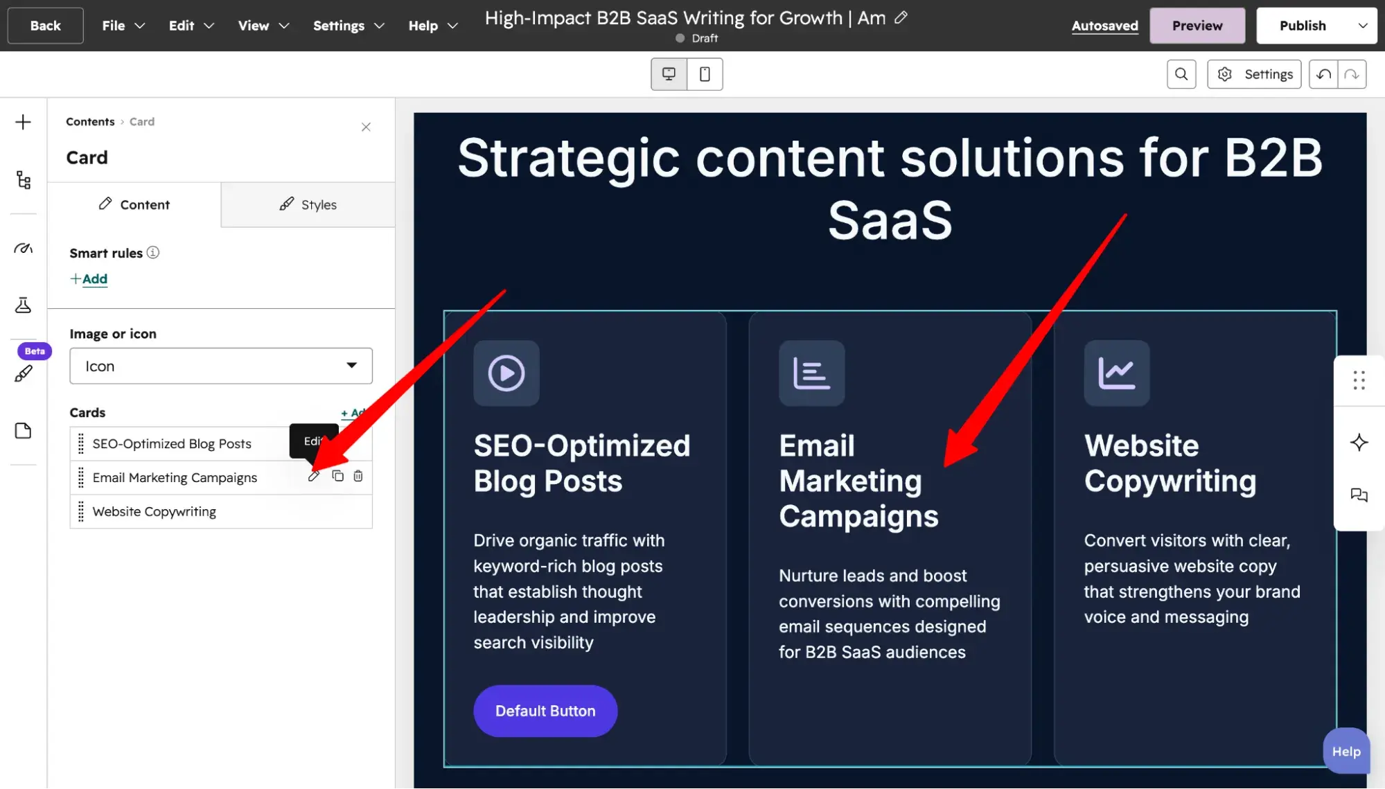 ���ϳԹ��� card editor panel showing Smart rules and card list with SEO-Optimized Blog Posts, Email Marketing Campaigns, and Website Copywriting service options