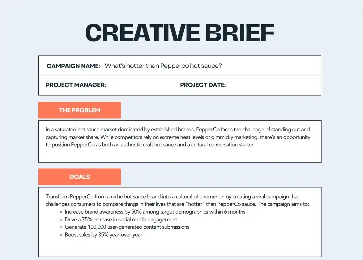 simple creative brief with sections for the problem and goals.