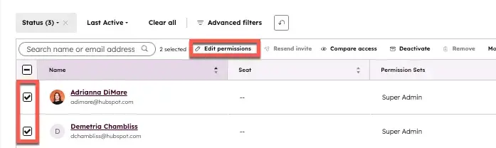 CRM compliance; CRM user permissions interface showing two team members with Super Admin permission sets selected