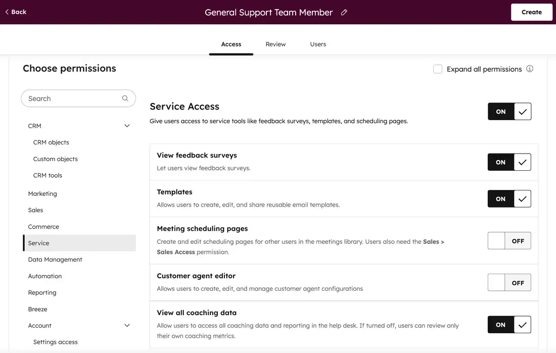 CRM compliance; Permission settings page for General Support Team Member role with access controls toggles