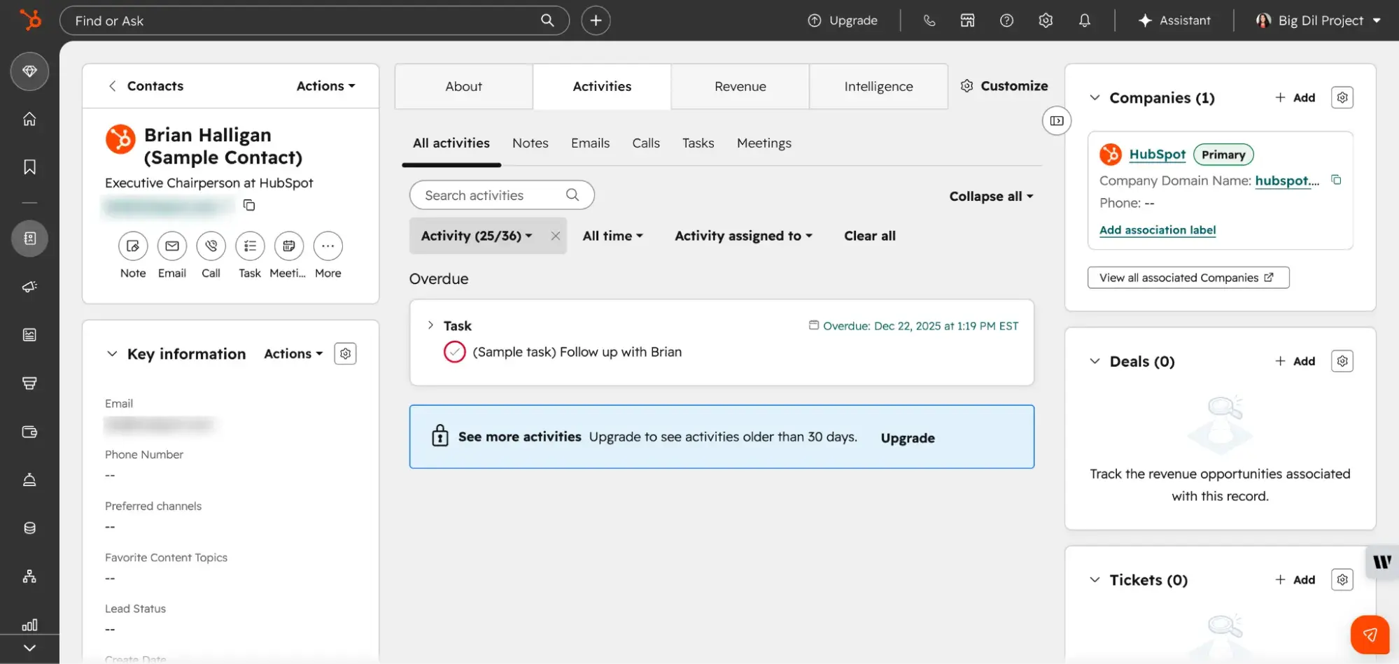 CRM compliance; CRM contact record for Brian Halligan showing activities, key information, and associated companies