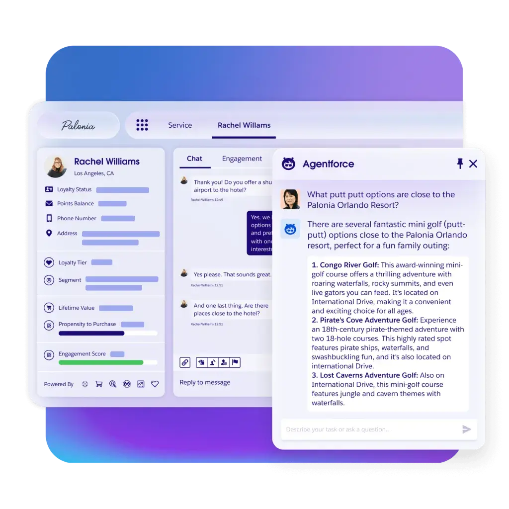 Hotel CRM software in Salesforce showing a guest profile, service chat, and Agentforce response about resort activities