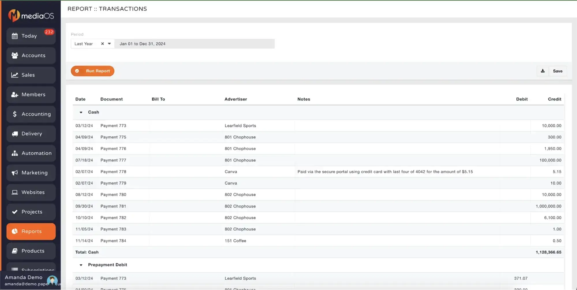 crm for publishing companies transaction report in mediaos