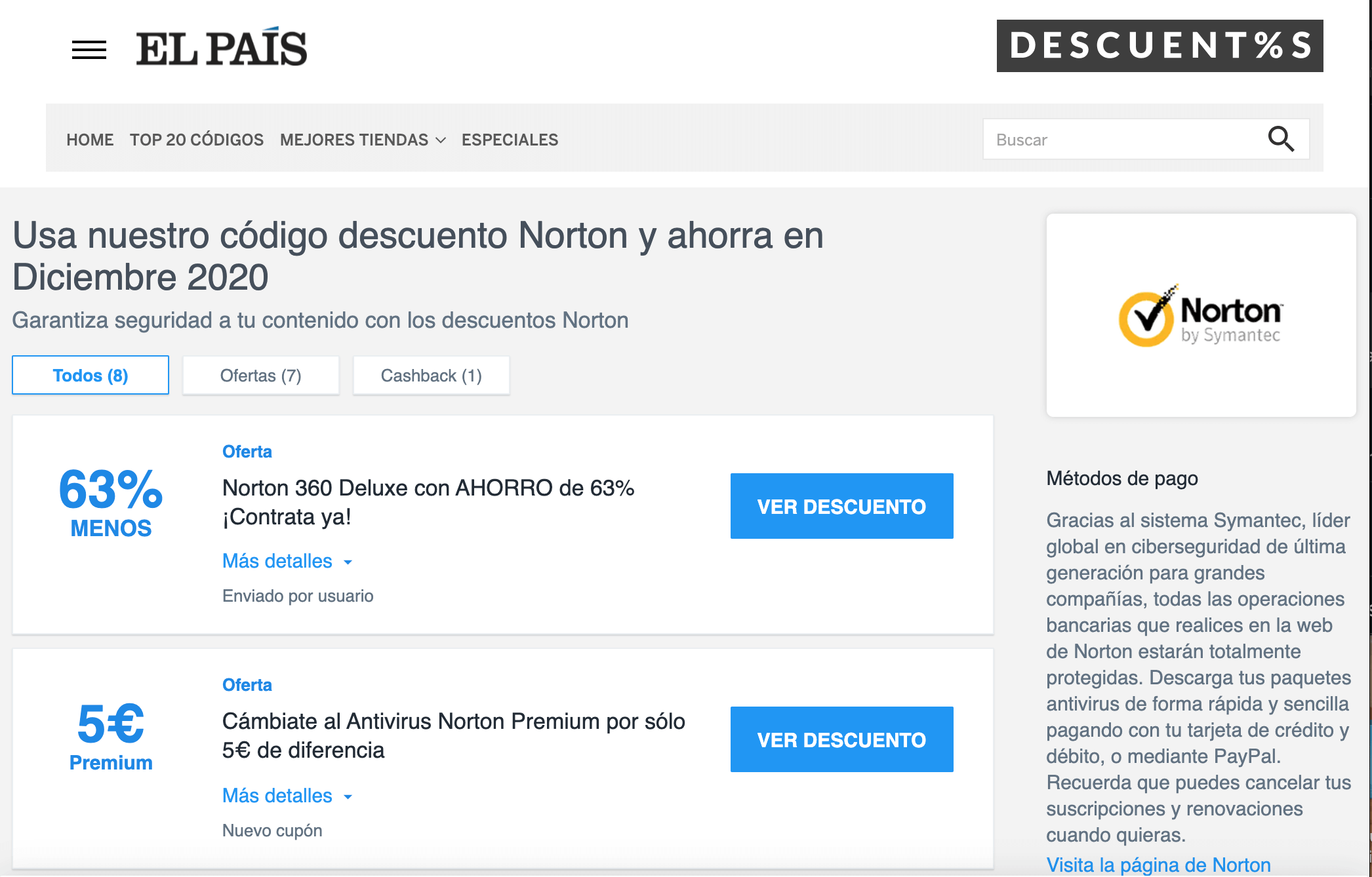 Ejemplo de cupón del antivirus Norton de Symantec en el sitio del periódico El País