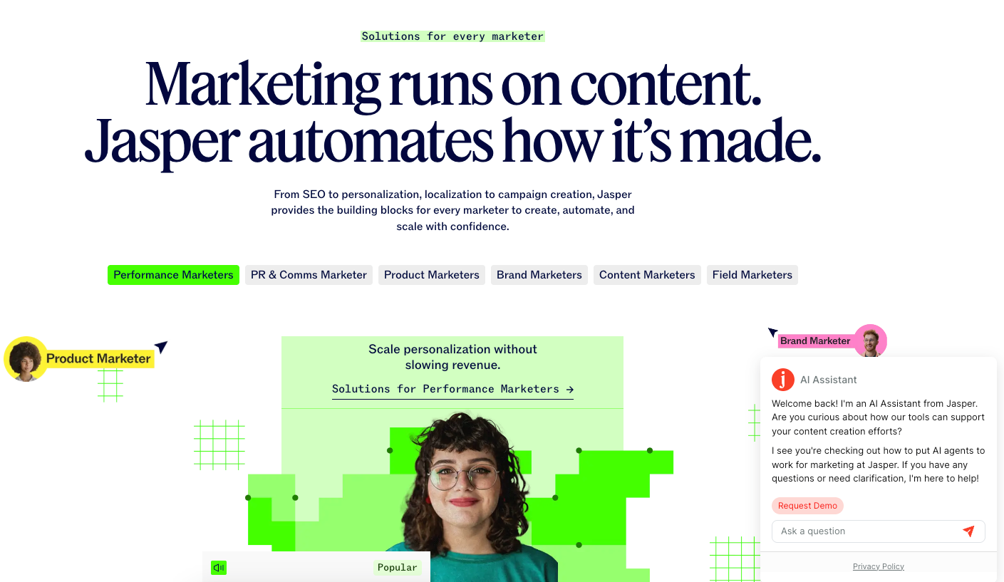 customer service chatbot examples, Jasper AI Assistant chatbot showing context-aware greeting tailored to the current page with a request demo CTA