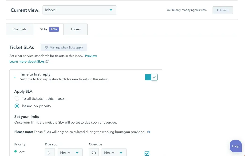 Create SLAs based on ticket properties for customer case management in HubSpot Service Hub.