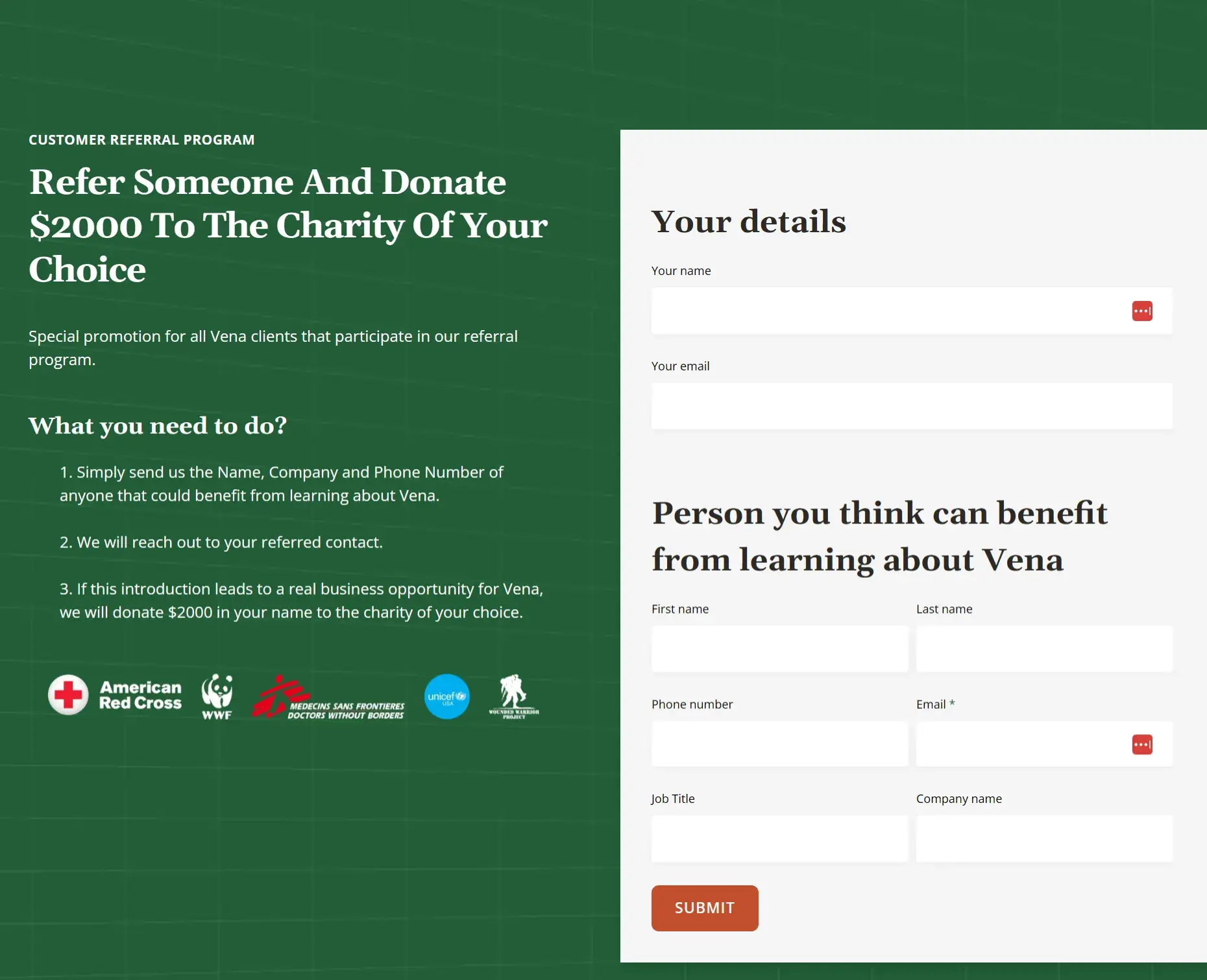 vena solutions charity incentive, customer referral program