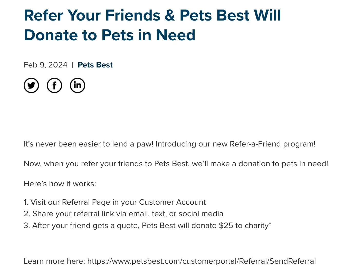 customer referral program example: pets best