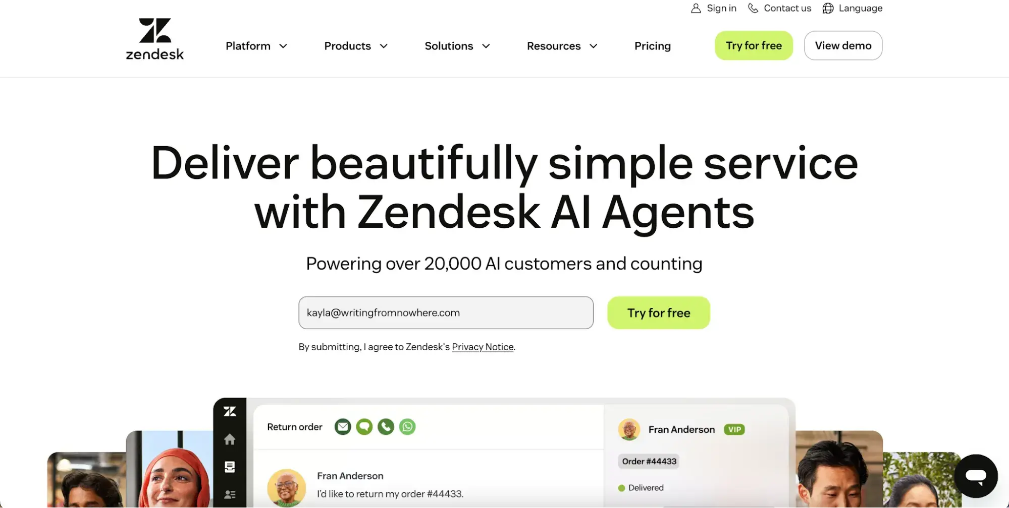 zendesk customer service software ai agents homepage
