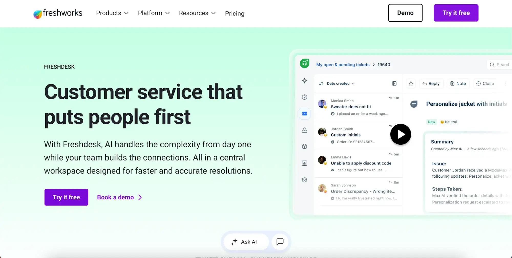 freshdesk customer service software homepage