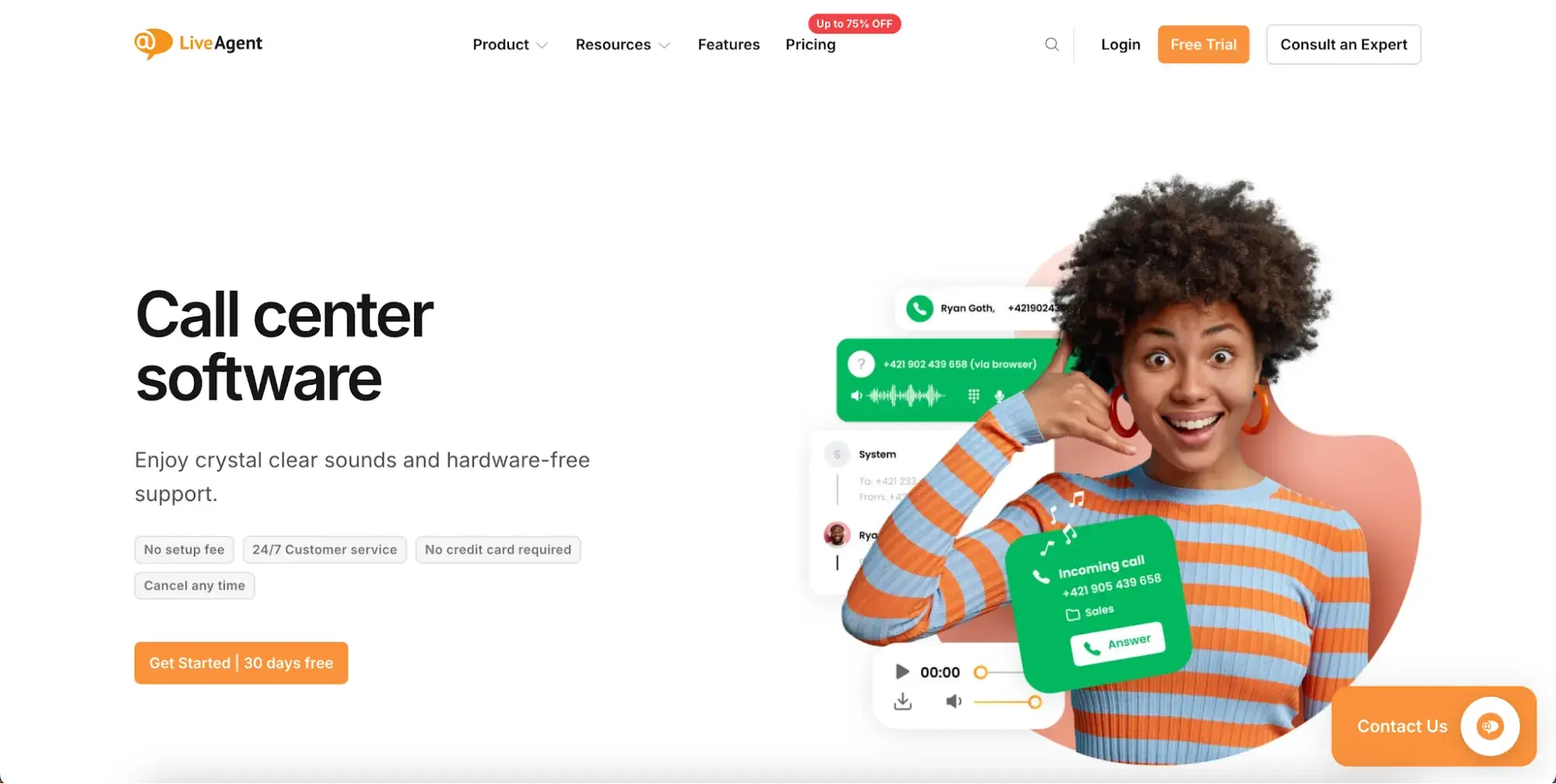 liveagent customer service software call center homepage