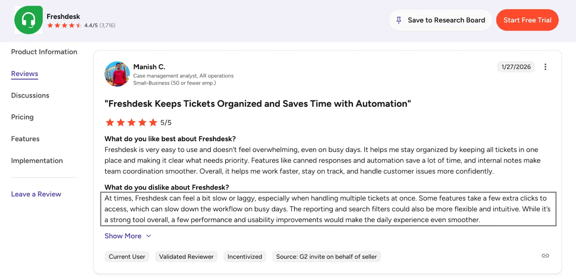 g2 review of freshdesk customer service software