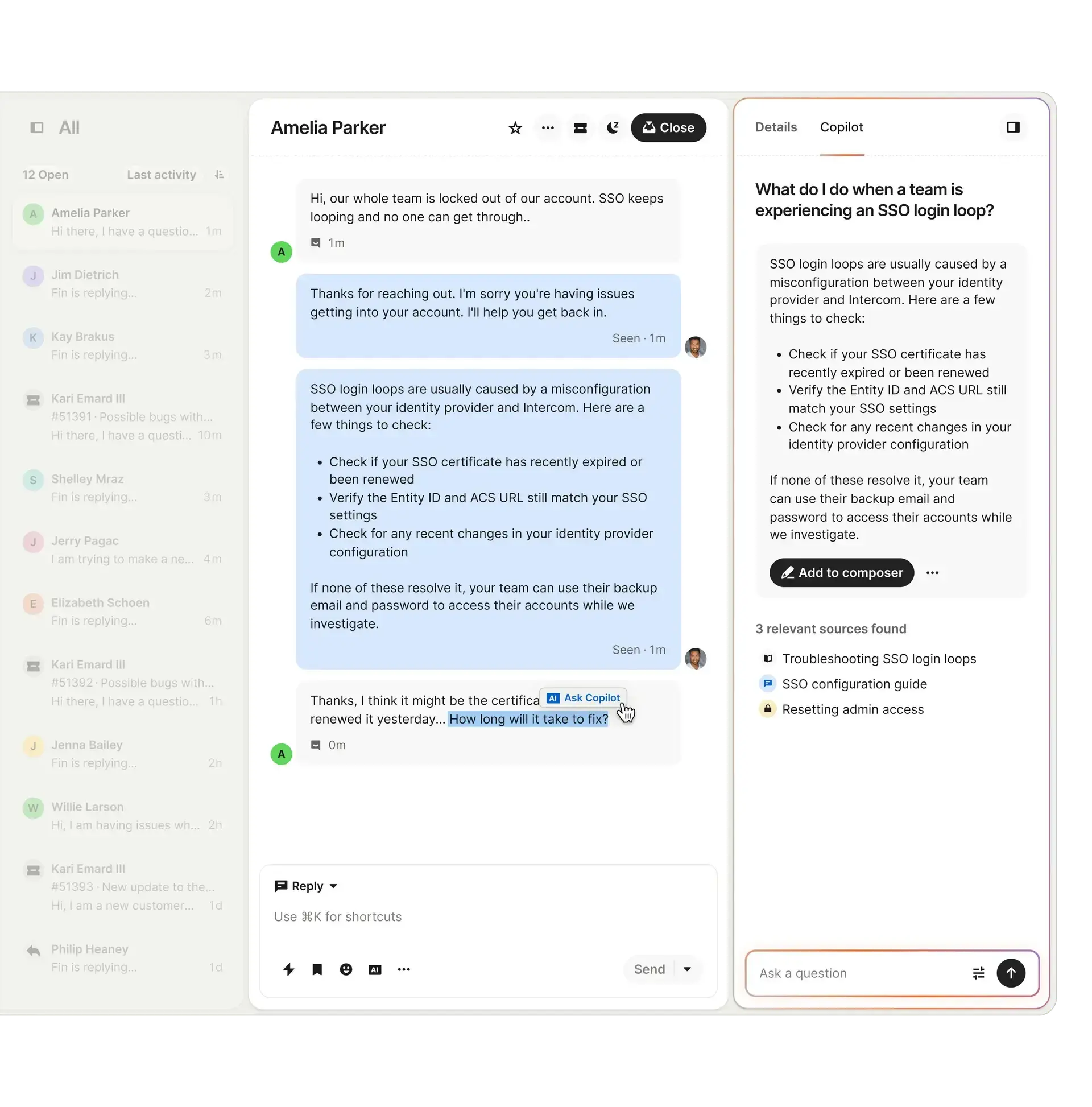 Intercom inbox showing a customer conversation, a Fin AI Agent response, and suggested help-center content