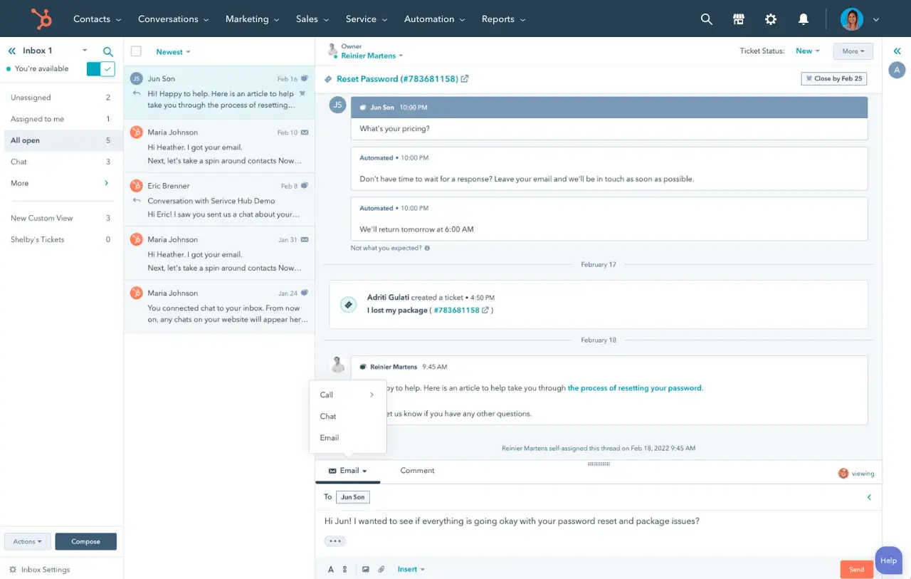 customer success okrs, HubSpot conversations inbox