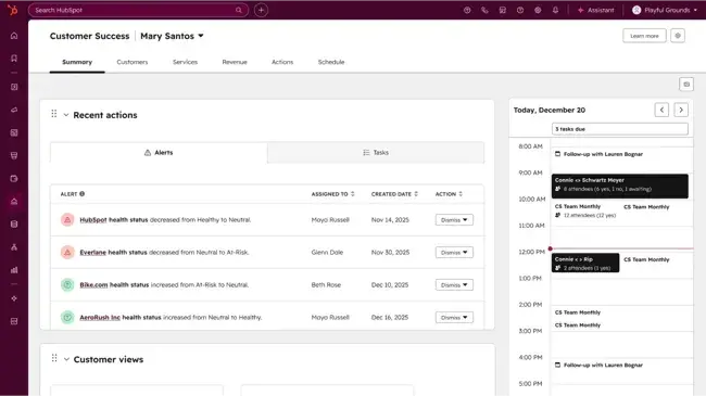Customer success management tools dashboard in Service Hub showing account actions, customer views, and a daily schedule.