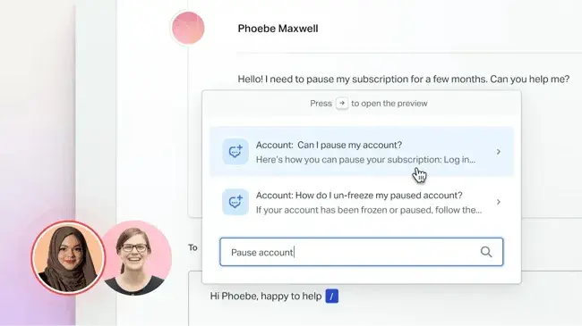 Customer success management tools interface in Help Scout showing saved-reply suggestions for a subscription pause request.