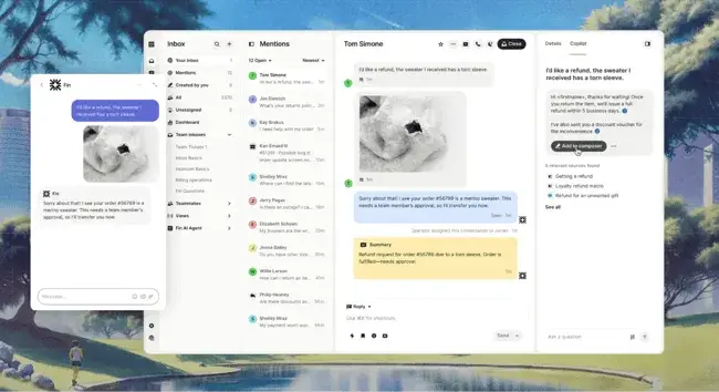 Customer success management tools interface in Intercom showing an inbox, customer conversation, and Copilot panel.