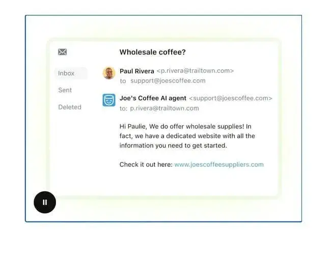 Customer success management tools email example in Zendesk showing a wholesale coffee inquiry and reply.