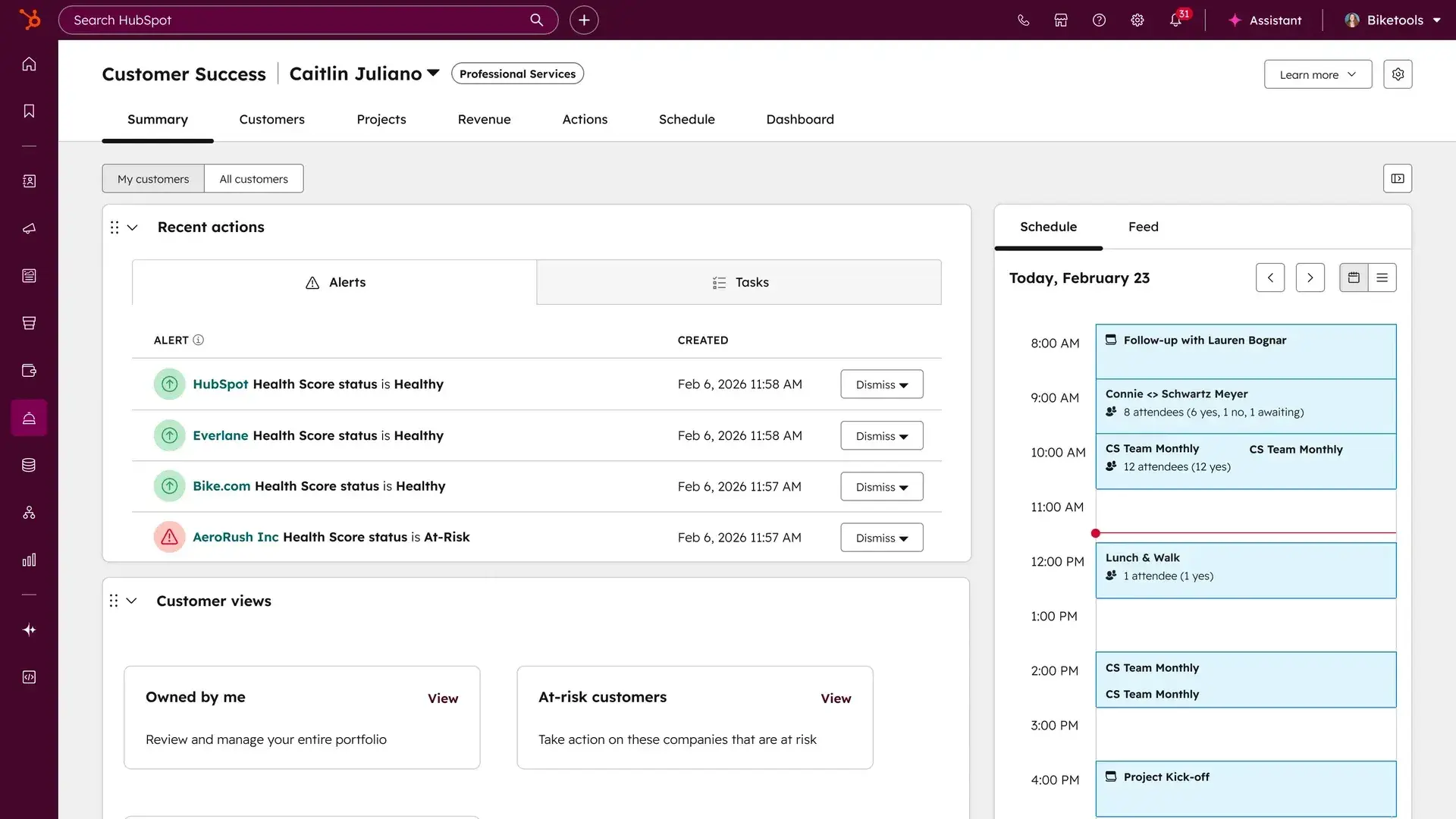Customer success platform displaying alerts, tasks, and schedule for managing customer success strategy