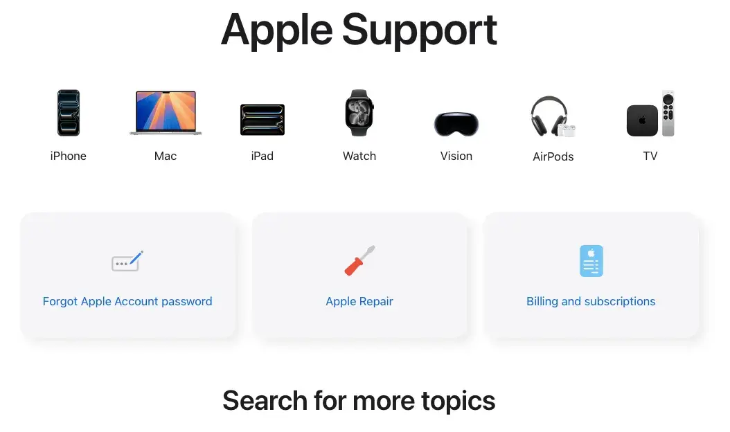 Apple Support base homepage