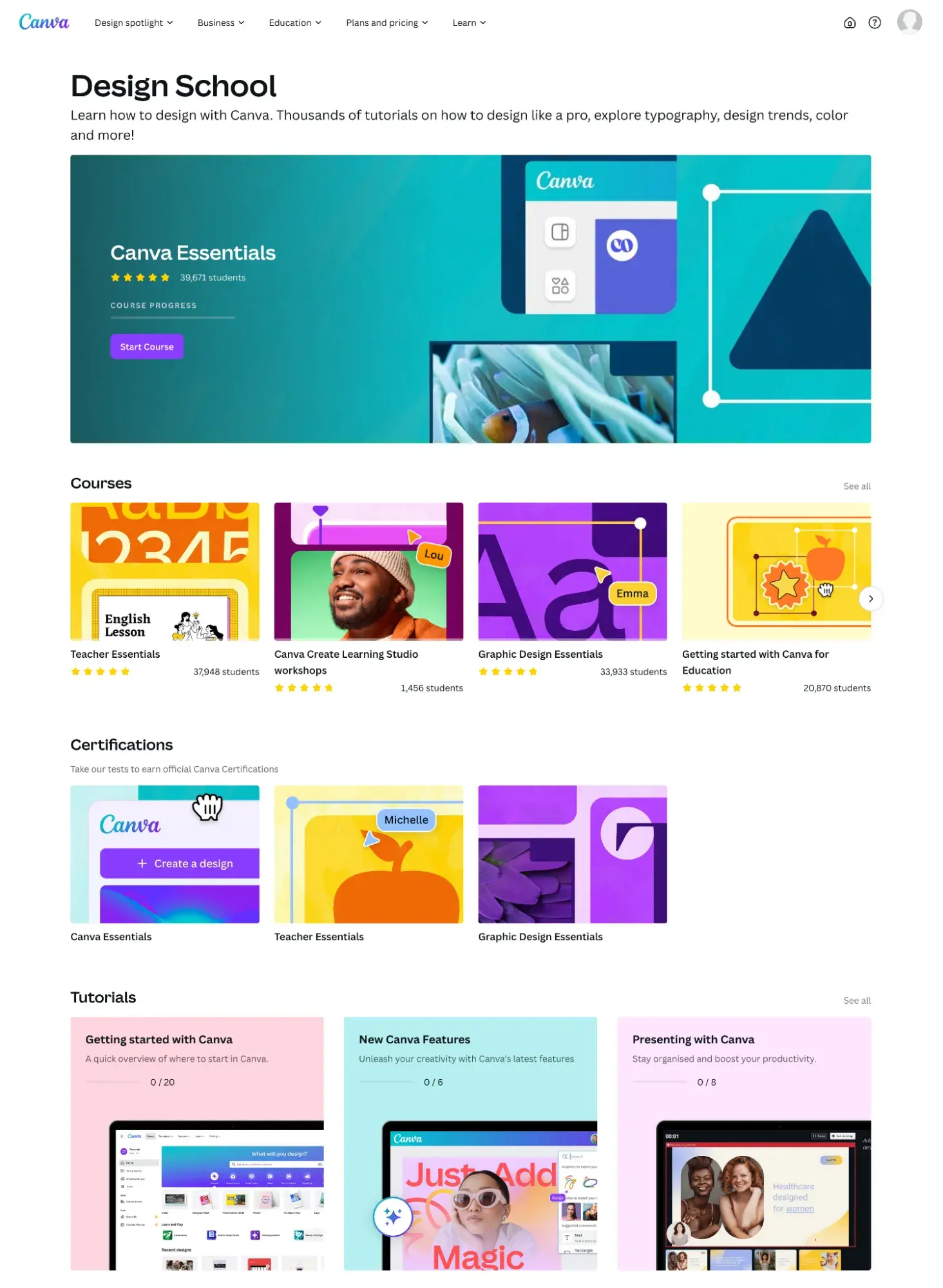 screenshot of canvas design school resource center