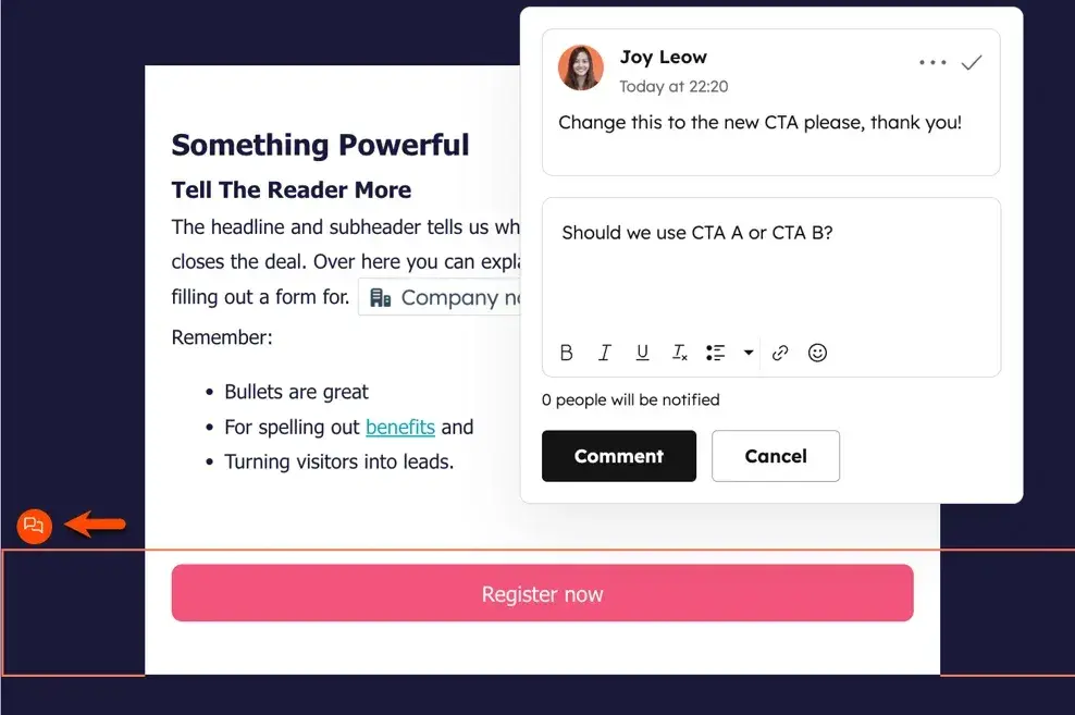 content hub in-page commenting