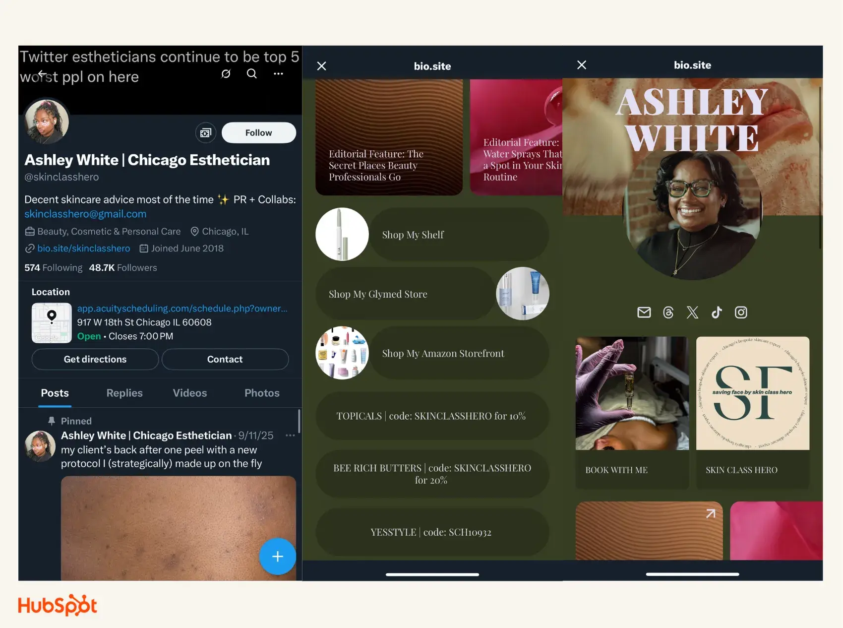 a screenshot of ashley white's X profile and linktreee to demonstrate affiliate marketing within digital marketing