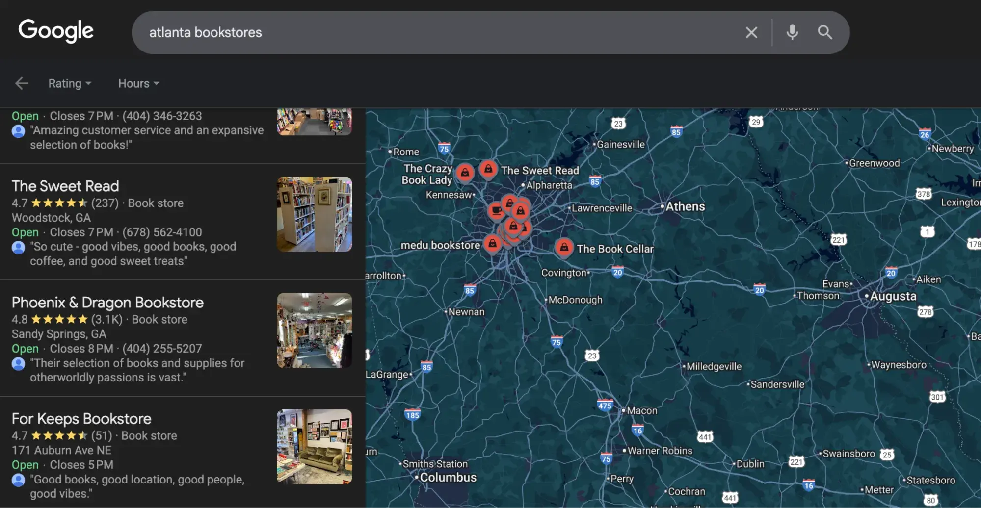 a screenshot of bookstores in the atlanta metropolitan area in google maps, highlighting how digital marketing can impact SEO visibility for small businesses