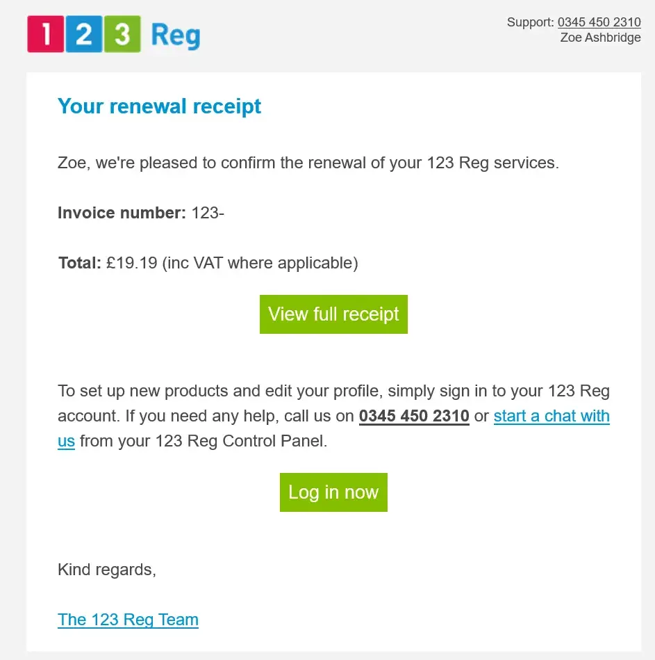 screenshot from a 123 reg email sent to me confirming my domain was well managed and the renewal payment was made successfully.