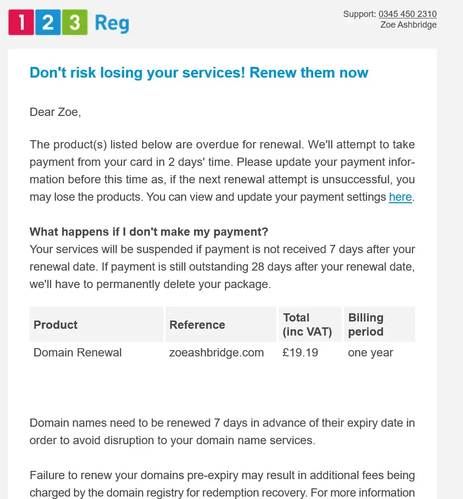 screenshot from an email warning that my domain name was not well managed and was at risk.
