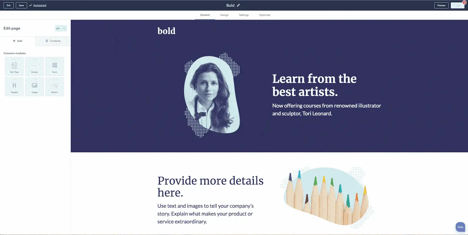 an example of a drag-and-drop page builder from hubspot